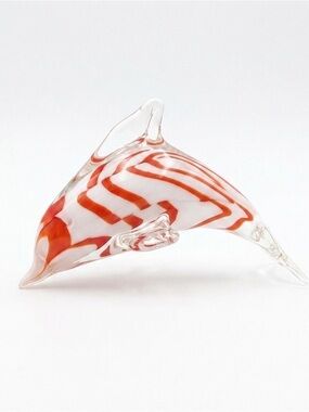 Vintage Orange White Swirl Art Glass Dolphin Figurine - 5" Hand Blown Sculpture
